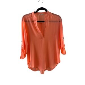LUSH Peach V Neck Roll Tab Sleeve High Low Tunic Blouse Women's S